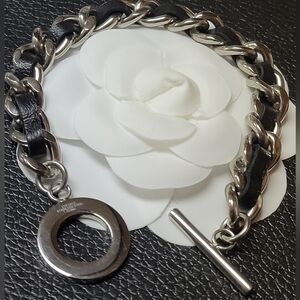 Signed Edforce Sheepskin Leather Stainless Steel Link Toggle Bracelet